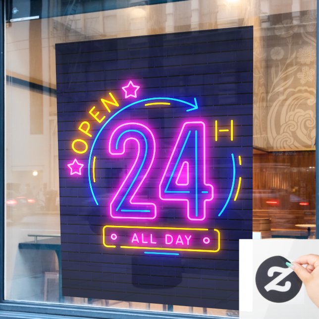 Neon Stores open 24 hours  Window Cling (Cafe Window)