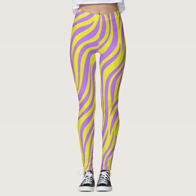 Neon Stripe Print Leggings with Wavy Lines (Front)