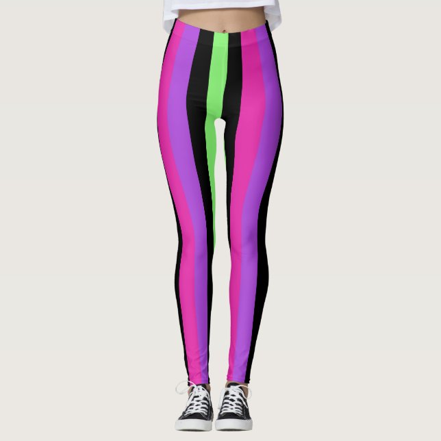 Neon Striped Pink, Purple, Green, and Black Leggings (Front)