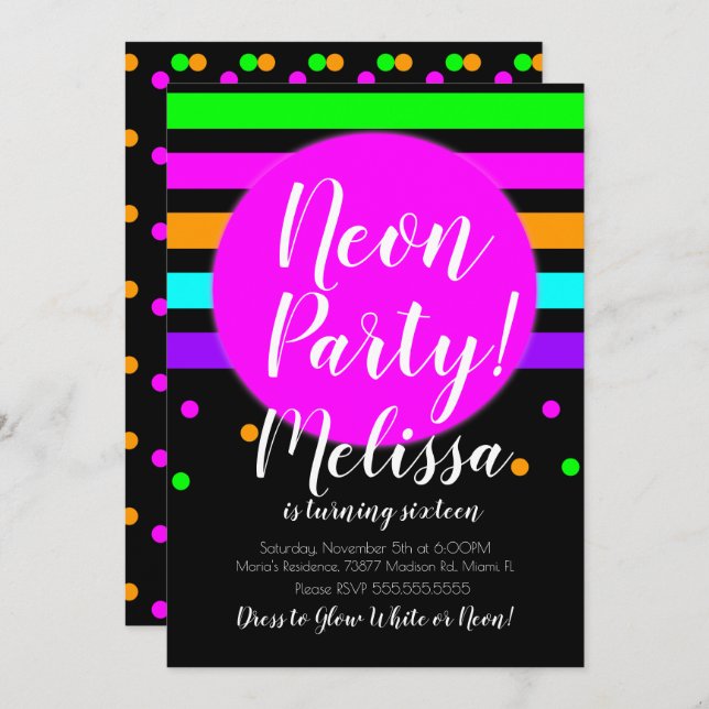 Neon Stripes Crazy Neon Glow In The Dark Party Invitation (Front/Back)