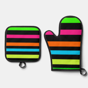 Neon Stripes Pattern Oven Mitt & Pot Holder Set