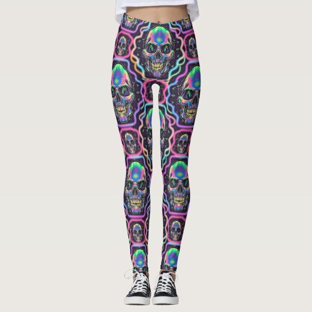 Neon Style Skulls inspired by the 1980s Leggings (Front)