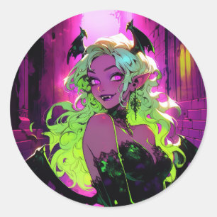 Neon Succubus Demon Anime Girl Classic Round Sticker