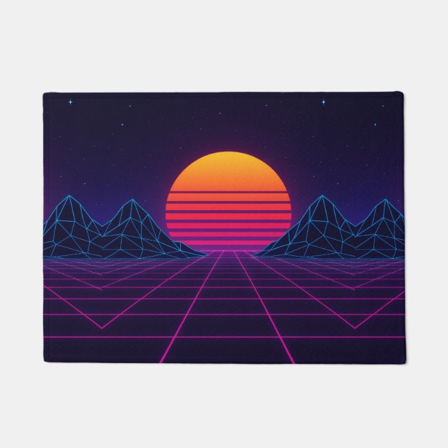 Neon Sunset Grid – Retro-Futuristic Synthwave Stic Doormat (Front)