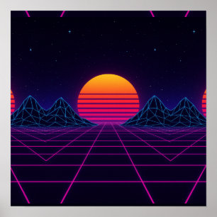 Neon Sunset Grid – Retro-Futuristic Synthwave Stic Poster