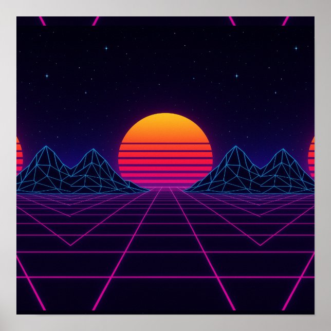 Neon Sunset Grid – Retro-Futuristic Synthwave Stic Poster (Front)