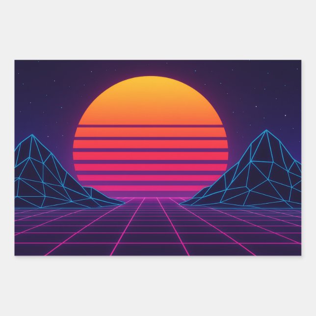 Neon Sunset Grid – Retro-Futuristic Synthwave Stic Wrapping Paper Sheet (Front)
