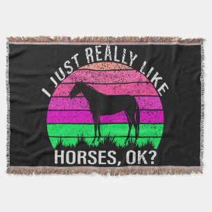 Neon Sunset I Really Like Horses Throw Blanket