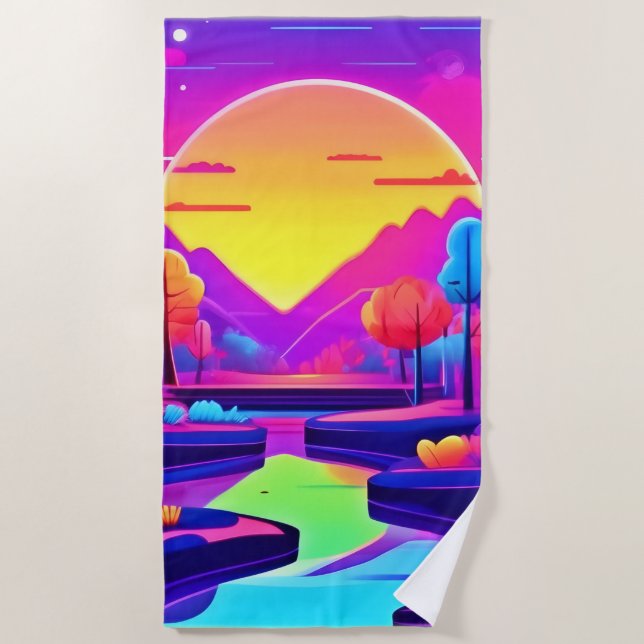 Neon Sunset Landscape Beach Towel (Front)
