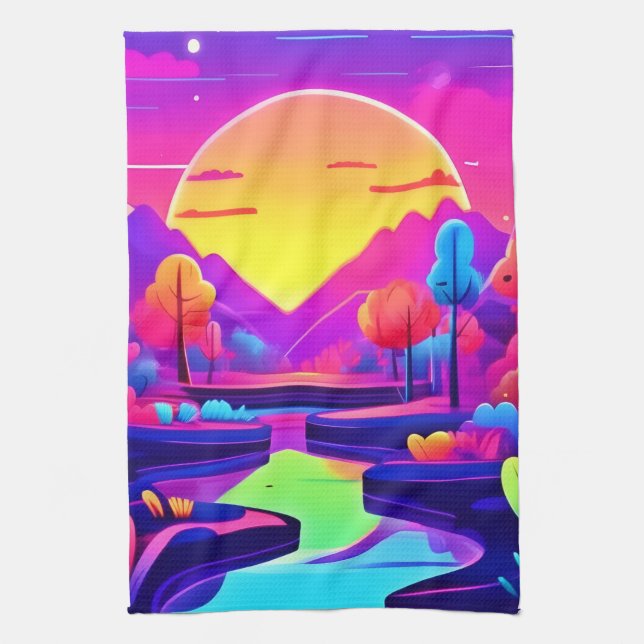 Neon Sunset Landscape Tea Towel (Vertical)
