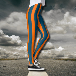 Neon Sunset Orange and Ocean Blue Cool Striped Leggings