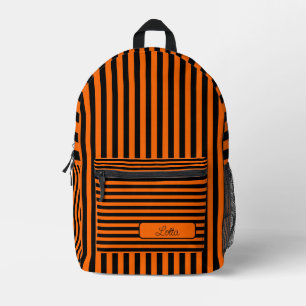 Neon Sunset Orange Black Vintage Striped Name Printed Backpack