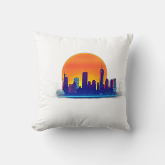 Neon Sunset Skyline with Brick Texture Cushion