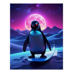 Neon Surf Penguin Poster
