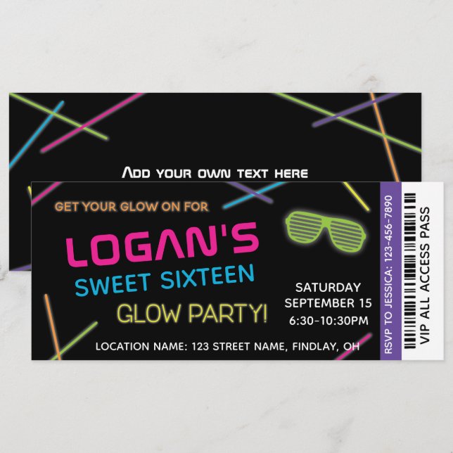 Neon Sweet 16 Birthday Glow Party Invitation (Front/Back)
