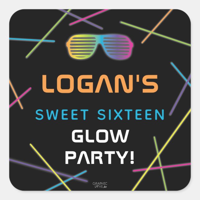 Neon Sweet 16 Birthday Glow Party Square Sticker (Front)