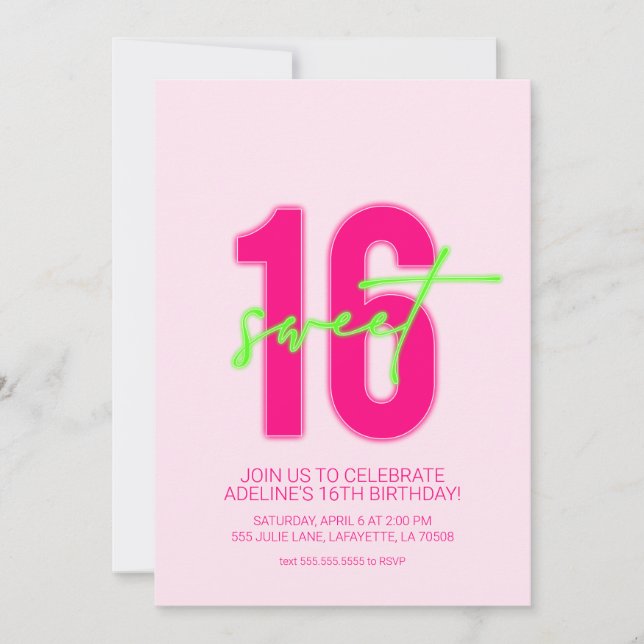 Neon Sweet Sixteen Birthday Party Invitation (Front)