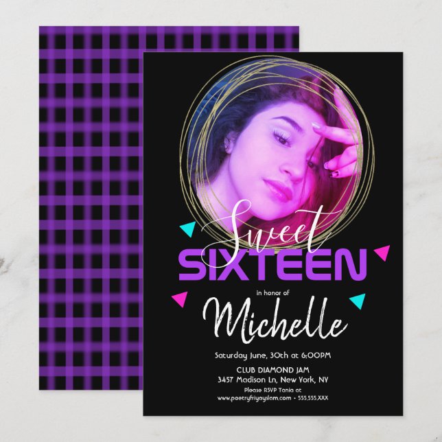 Neon Sweet Sixteen Gold Ring Confetti Photo Grid Invitation (Front/Back)