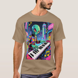Neon Synthwave Alien Keyboardist girl T-Shirt