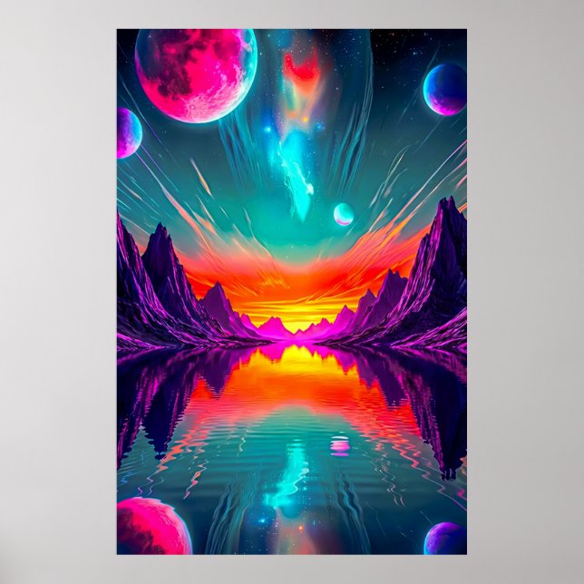 Neon Synthwave Alien Planet Landscape Graphic Poster (Front)