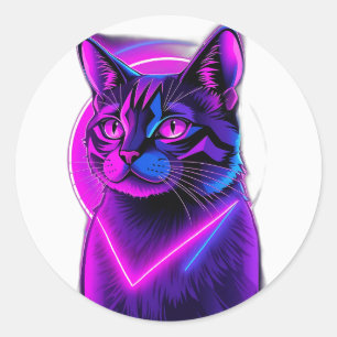 Neon Synthwave Cat Art Classic Round Sticker