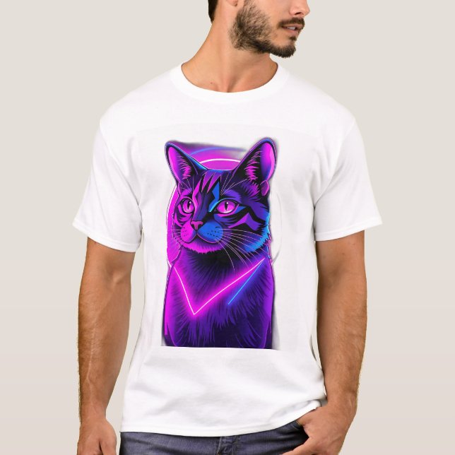 Neon Synthwave Cat Art T-Shirt (Front)