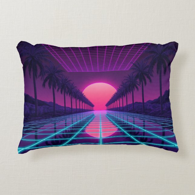 Neon Synthwave Grid & Palms Retro Pillow (Front)