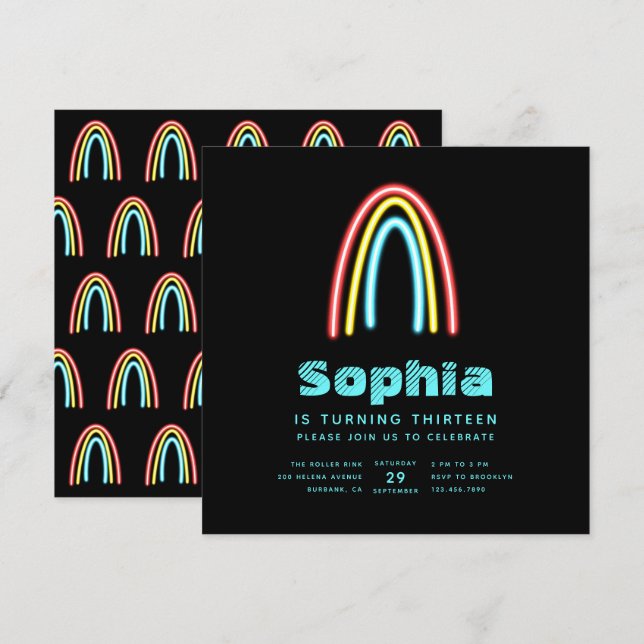 Neon Teal Rainbow Birthday Party Invitation (Front/Back)