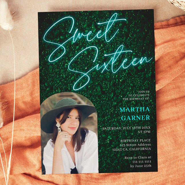 Neon teal sign script green photo arch Sweet 16 Invitation (Creator Uploaded)