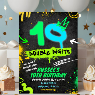 Neon Teenager Grafitti 10 double digit Birthday Invitation