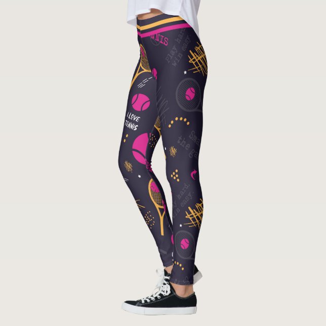 Neon tennis pattern on dark background leggings (Left)