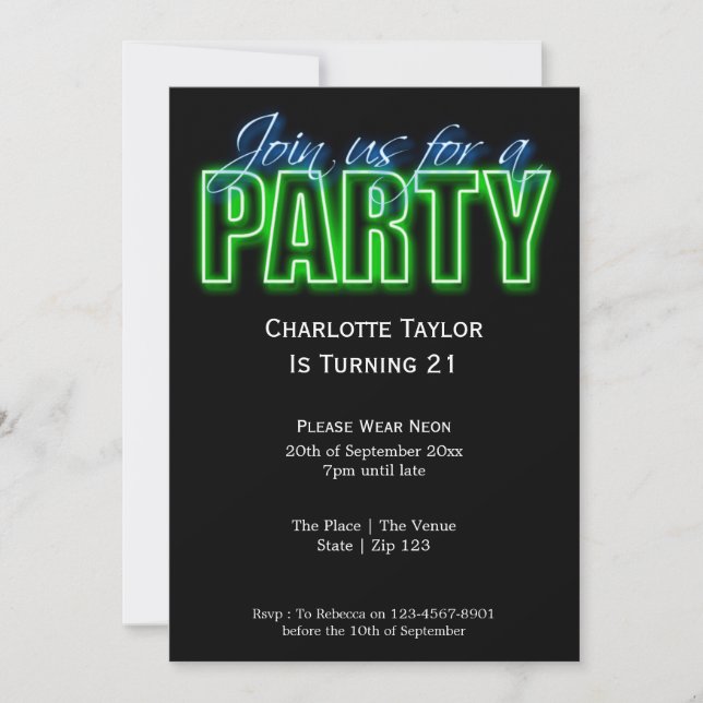 Neon Themed Party Invitation (Front)