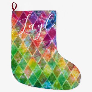 Neon Tie Dye Watercolor Harlequin Argyle  Large Christmas Stocking