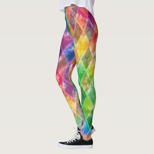 Neon Tie Dye Watercolor Harlequin Argyle  Leggings (Left)