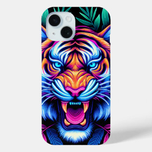 Neon Tiger and jungle leaves iPhone 15 Case