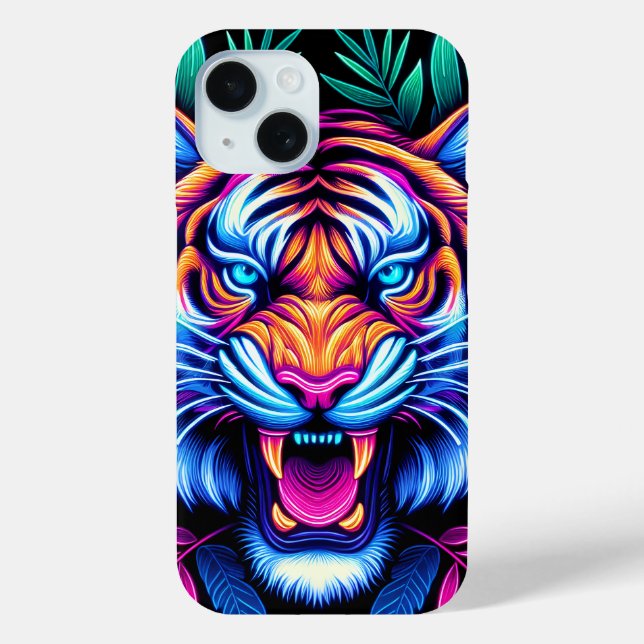 Neon Tiger and jungle leaves Case-Mate iPhone Case (Back)