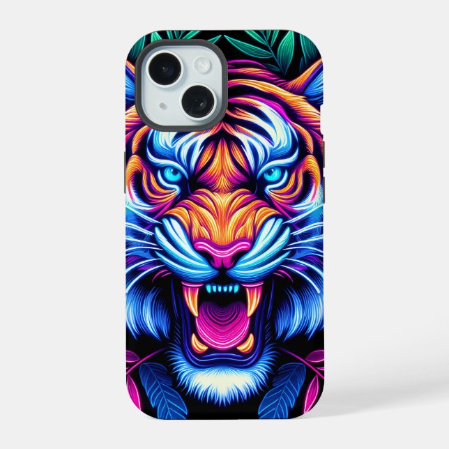 Neon Tiger and jungle leaves iPhone 15 Case (Back)