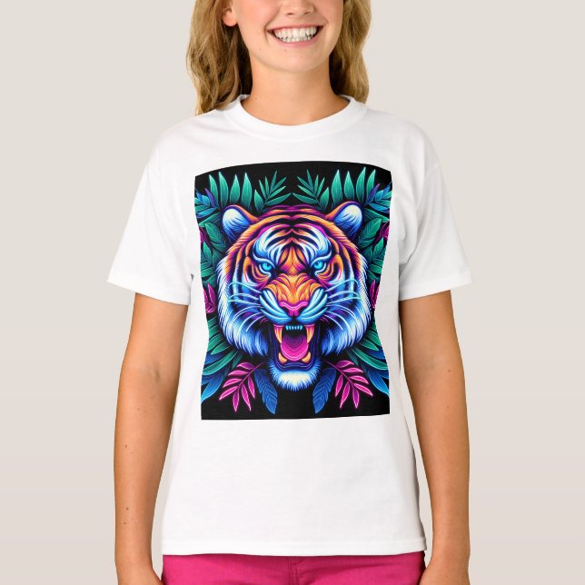 Neon Tiger and jungle leaves T-Shirt (Front)