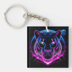 Neon Tiger Illustration with Geometric Shapes Key Ring