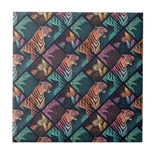Neon Tiger Jungle Pop Art Geometric Animal Pattern Tile