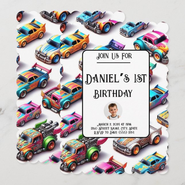 Neon Toy Car Theme 1st Birthday Invitation  (Front/Back)
