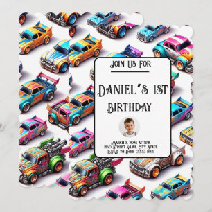 Neon Toy Car Theme 1st Birthday Invitation 