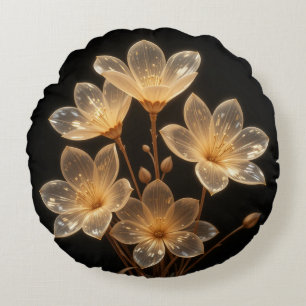 Neon transparent beige flowers black round pillow