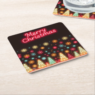 Neon Trendy Christmas Holiday Collection Square Paper Coaster