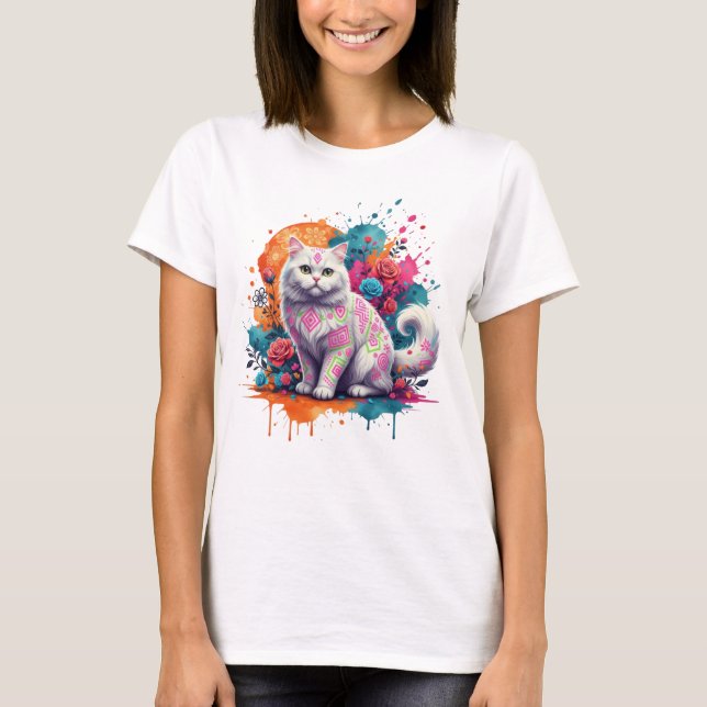 Neon Tribal Cat Fantasy Art T-Shirt (Front)