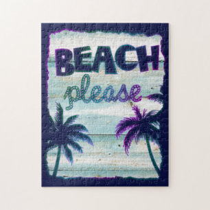 Neon Tropical Beach Wood Vacation Palm Trees Jigsaw Puzzle