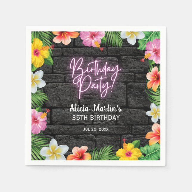 Neon Tropical Forest Summer Hawaii Birthday Party Napkin (Front)