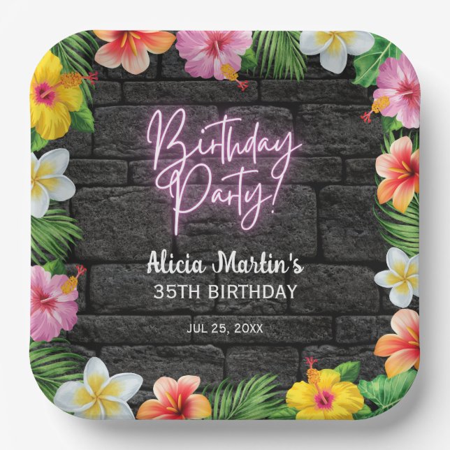 Neon Tropical Forest Summer Hawaii Birthday Party Paper Plate (Front)
