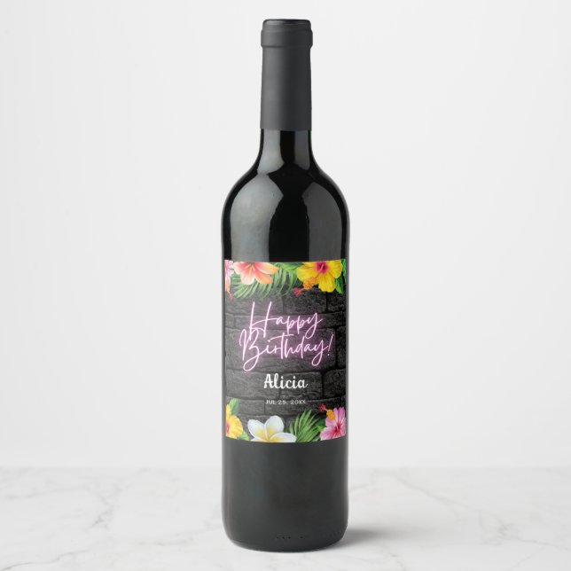 Neon Tropical Forest Summer Hawaii Birthday Party Wine Label (Front)