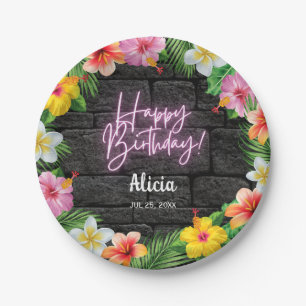 Neon Tropical Forest Summer Hawaii Happy Birthday  Paper Plate